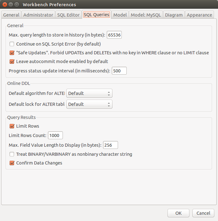 The SQL Queries configuration page